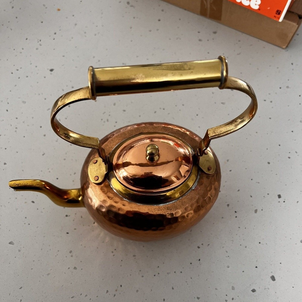 Antique hand-Hammered Copper Tea Kettle pot coffee brass details Gooseneck CLEAN - Picture 4 of 12